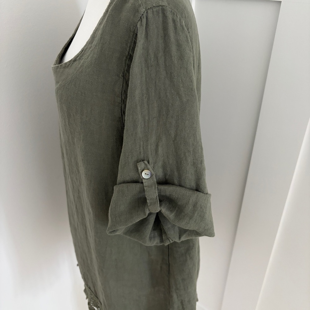 Lungo L’Arno Linen Tunic Top 1X Olive Green Boho Crochet Hem Lagenlook Italy*F1 - Picture 3 of 6